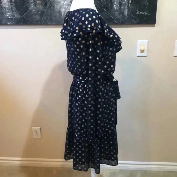 NWT Michael Kors Navy Blue/ Gold Floral Pattern Belted Tie Waist Ruffle Dress-M - Picture 3 of 12